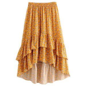 Goodnight Macaroon Yellow High Low Floral Ruffle Midi Skirt